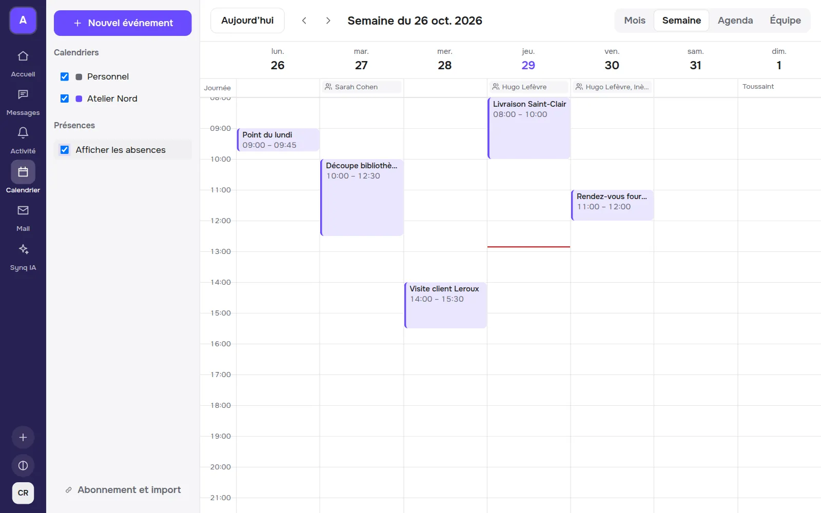 La semaine de l’équipe dans le calendrier Synq : point du lundi, visite client, livraison, et les absences et jours de télétravail de chacun.