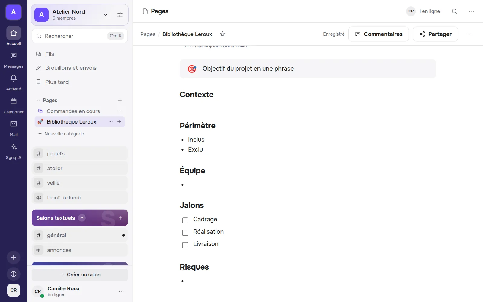 Une page de projet Synq, rangée dans l’arborescence des pages de l’espace.